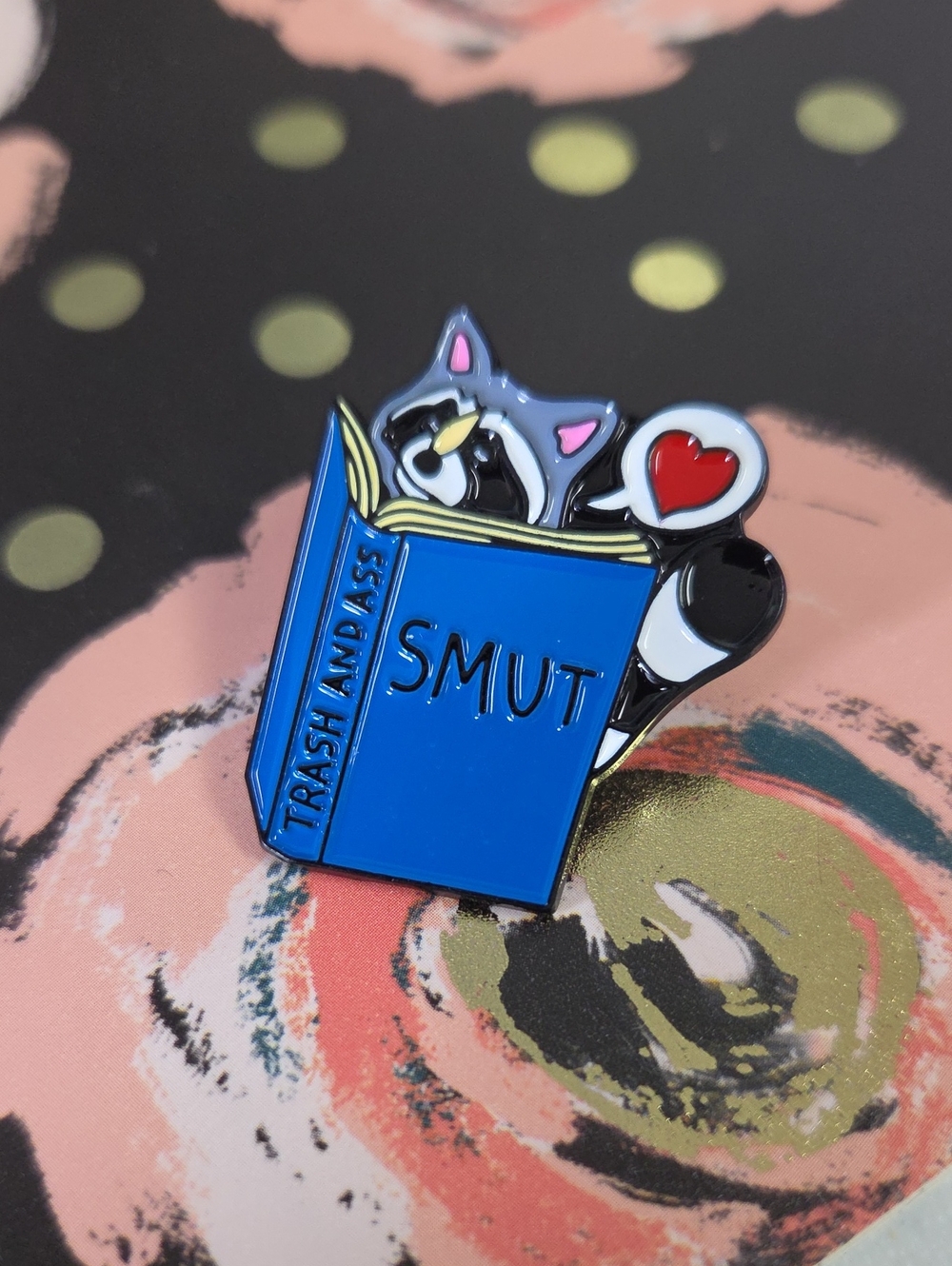 Trash Panda Smut Enamel Pin - Blue Book with Raccoon and Heart